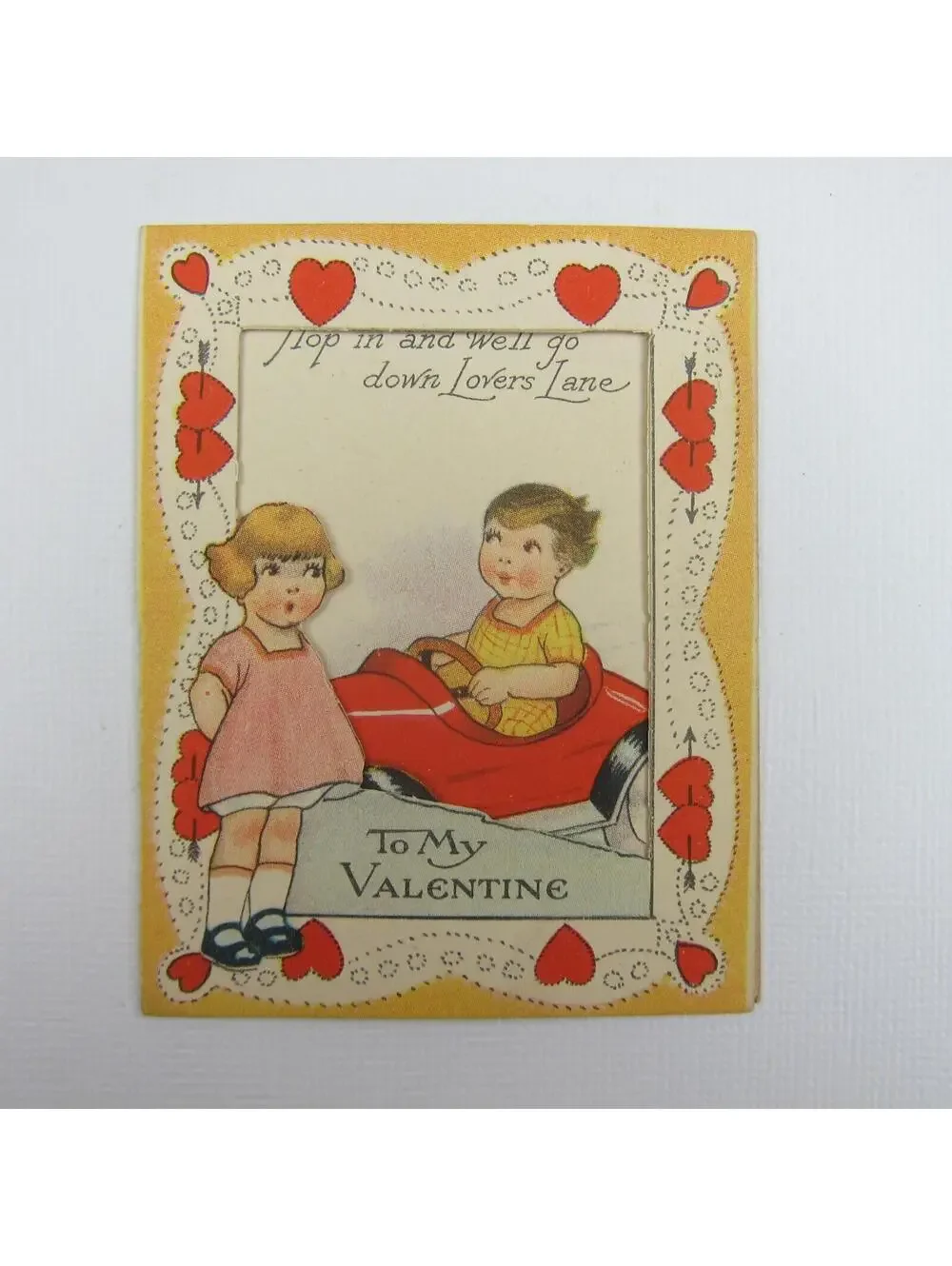 Vintage Valentine  Window Cutout Blonde Girl Boy Red Car Lovers Lane UNSIGNED